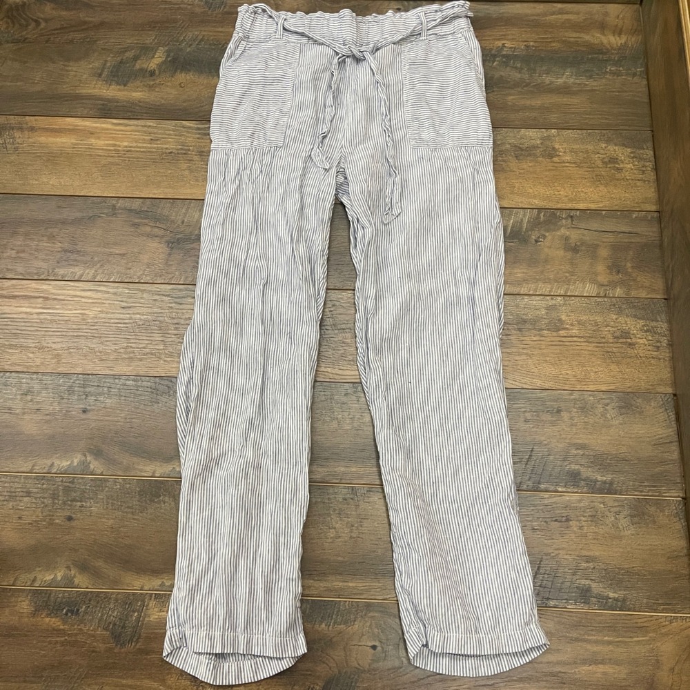C&C California Linen Pants Womens XL Blue White Striped Paperbag Waist Wide Leg